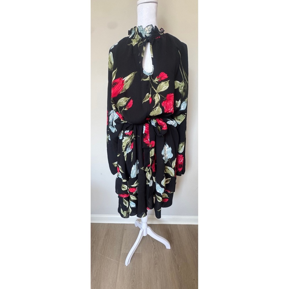 Boohoo‎ Black Red Rose Floral Smocked High Neck Mini Dress Plus Size US 20